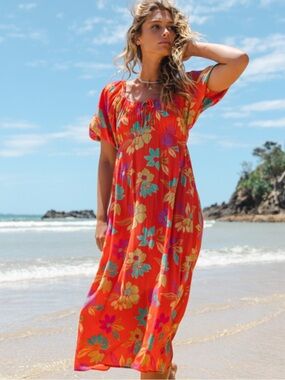 Billabong True Romance Floral Midi Maxi Dress Floaty Crinkle Size L Puff Sleeve